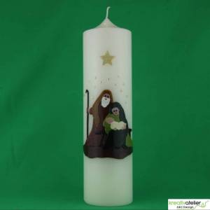 elfenbeinfarbene Weihnachtskerze mit plastisch gestalteter Heiliger Familie und Sternenhimmel, individualisierbar Bild 5