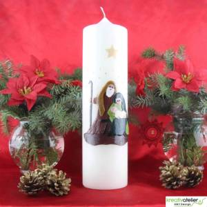 elfenbeinfarbene Weihnachtskerze mit plastisch gestalteter Heiliger Familie und Sternenhimmel, individualisierbar Bild 6