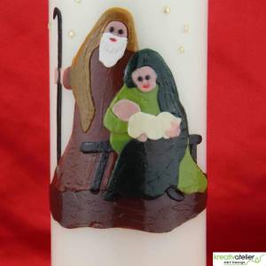elfenbeinfarbene Weihnachtskerze mit plastisch gestalteter Heiliger Familie und Sternenhimmel, individualisierbar Bild 7