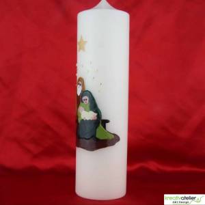 elfenbeinfarbene Weihnachtskerze mit plastisch gestalteter Heiliger Familie und Sternenhimmel, individualisierbar Bild 8