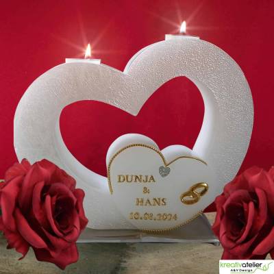 Hochzeitskerze 2 Dochte - Doppelherz mit zwei Teelichten, Traukerze, Außergewöhnliche Hochzeitskerze, 2 Dochtkerze