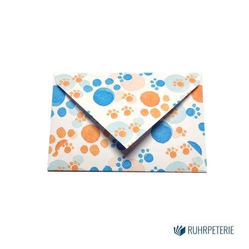 20 kleine Briefumschläge Katzenpfoten 038 blau orange , handgemacht, für Gutscheine / Visitenkarten