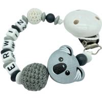 Schnullerkette mit Name personalisiert 3D Koala-Bär mit Häkelperle weiß grau für Junge und Mädchen Nuckelhalter Bild 1