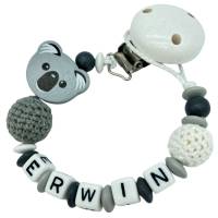 Schnullerkette mit Name personalisiert 3D Koala-Bär mit Häkelperle weiß grau für Junge und Mädchen Nuckelhalter Bild 3