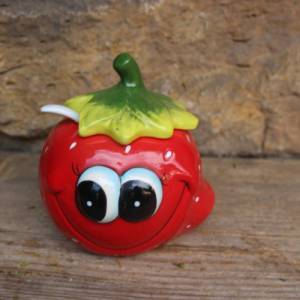 Marmeladentopf Erdbeere Keramik mit Porzellan Löffel 90er Jahre Vintage Bild 2