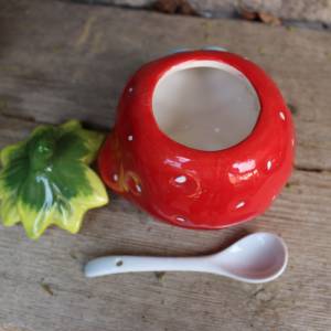 Marmeladentopf Erdbeere Keramik mit Porzellan Löffel 90er Jahre Vintage Bild 4