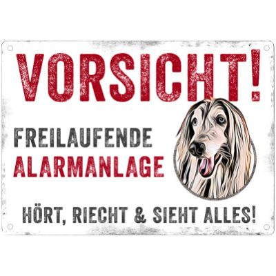 Hundeschild VORSICHT! FREILAUFENDE ALARMANLAGE (Afghanischer Windhund), wetterbeständiges Warnschild