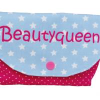 Tasche Beautyqueen kleines Täschchen Kosmetiktasche Schminktäschchen pink Punkte hellblau Sterne Bild 1