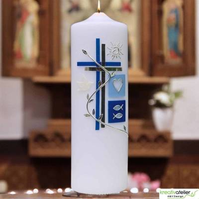 Taufkerze Kreuz, Schmetterling, Taube, Blumenranke, blau für Jungen oder rosa für Mädchen, personalisierbar