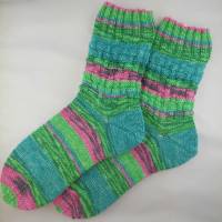 Socken Größe 38/39, handgestrickt, Grün Pink Stricksocken Bild 1