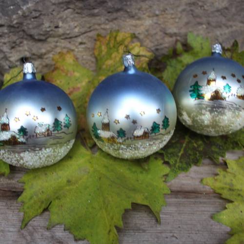 3 Christbaumkugeln Handbemalt Winterlandschaft Christbaumschmuck Christmas ornaments Vintage 80er Jahre DDR GDR