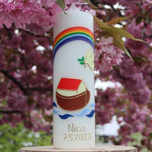 weiße Taufkerze Arche Noah mit Regenbogen und Taube, wunderschöne handgefertigte Taufkerze für Jungen und Mädchen