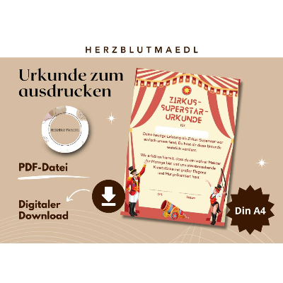 Personalisierte Zirkus Urkunde für den Kindergeburtstag | Selbst ausdrucken | Digitale Datei | DIN A4 | Mitgebsel