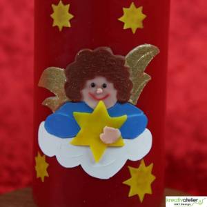Handgefertigte rote Weihnachtskerze mit detailreichem Engel auf Wolke, Sternenhimmel-Dekor, perfektes Weihnachtsgeschenk Bild 8