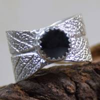 Salbeiblatt-Ring aus 999 Feinsilber mit Obsidian - Größe 55 - handgemacht Bild 5