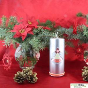 Engel-Kerze, Weihnachtskerze in Creme/Lachs/Silber, schlicht mit Wachsband und cremefarbenen Sternen Bild 1