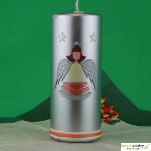 Engel-Kerze, Weihnachtskerze in Creme/Lachs/Silber, schlicht mit Wachsband und cremefarbenen Sternen Bild 4