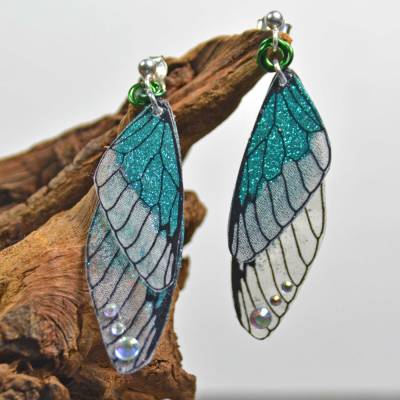 Glitzernde Feenflügel-Ohrringe mit Sterling Silber Ohrstecker - grün - handgemacht