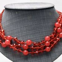 Vintage Halskette Kette Dreireihig Kugeln Glasperlen geschliffen Rot durchsichtig 80er Jahre Festlich Bild 1