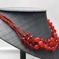 Vintage Halskette Kette Dreireihig Kugeln Glasperlen geschliffen Rot durchsichtig 80er Jahre Festlich Bild 2