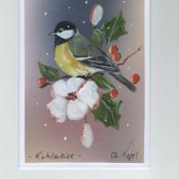 Weihnachtskarte,   Grußkarte   - Kohlmeise / Christrosen   -  handgemalt Bild 1