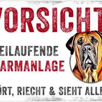 Hundeschild VORSICHT! FREILAUFENDE ALARMANLAGE (Bullmastiff), wetterbeständiges Warnschild Bild 1