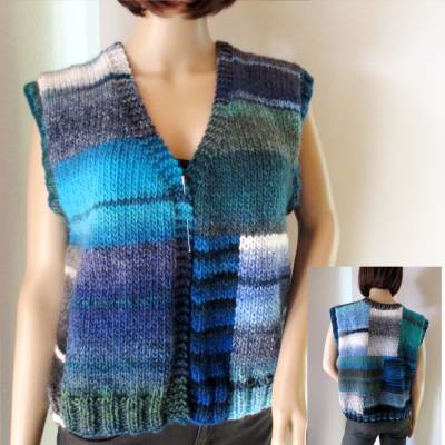 Ausgefallene Weste, Strickweste in Blau- und Türkistönen aus weicher Wolle