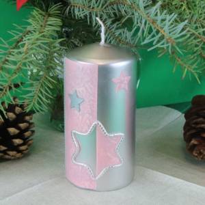 Silberne Weihnachtskerze mit rosafarbigem Stern Bild 1