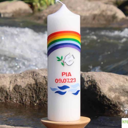 Taufkerze Regenbogen, Taube und Wellen, wunderschöne handverzierte Taufkerze für Jungen oder Mädchen, personalisierbar