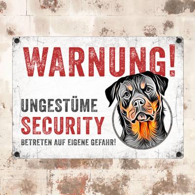 Hundeschild UNGESTÜME SECURITY (Rottweiler), wetterbeständiges Warnschild