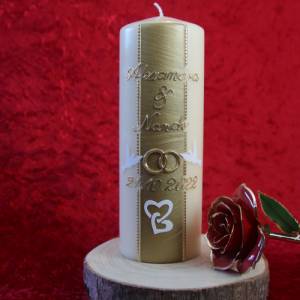 Hochzeitskerze in bisquit, gold verziert mit Tauben, Ringen und Herzchen, Trauung, personalisiertes Hochzeitsgeschenk, Bild 1