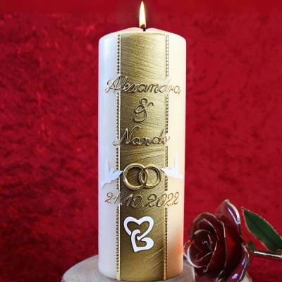 Hochzeitskerze Champagner mit Perlstreifen, Tauben und Eheringen, personalisierbar, ideal als Hochzeitsgeschenk