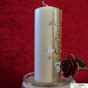 Hochzeitskerze in bisquit, gold verziert mit Tauben, Ringen und Herzchen, Trauung, personalisiertes Hochzeitsgeschenk, Bild 5