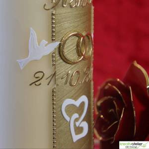 Hochzeitskerze in bisquit, gold verziert mit Tauben, Ringen und Herzchen, Trauung, personalisiertes Hochzeitsgeschenk, Bild 7