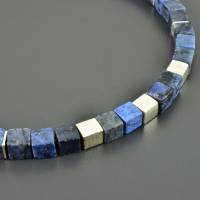 Halskette mit Dumortierit (matt), blaue Edelsteinkette mit Würfeln, 925er Silber, 6 mm groß, Würfelkette, Geschenk Bild 1