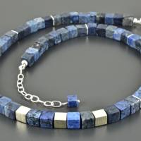 Halskette mit Dumortierit (matt), blaue Edelsteinkette mit Würfeln, 925er Silber, 6 mm groß, Würfelkette, Geschenk Bild 3