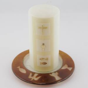 Glasteller mit liebevoll gestalteten christlichen Symbolen - Perfekt für Tauf-, Kommunion- und Konfirmationskerzen Bild 3