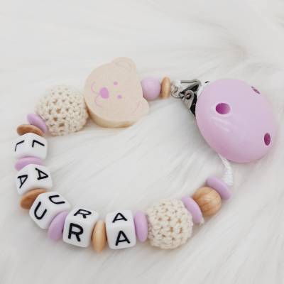 Schnullerkette mit Name personalisiert 3D Bär mit Häkelperle natur rosa für Mädchen Nuckelhalter Teddy