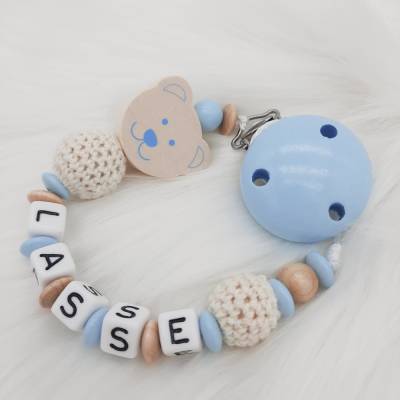 Schnullerkette mit Name personalisiert 3D Bär mit Häkelperle natur hellblau für Jungen Nuckelhalter Teddybär