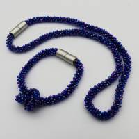 Schmuckset gehäkelt, dunkelblau irisierend, Kette + Armband, 55 + 19 cm, Glasperlen, Häkelschmuck, Unikat Bild 1