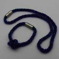 Schmuckset gehäkelt, dunkelblau irisierend, Kette + Armband, 55 + 19 cm, Glasperlen, Häkelschmuck, Unikat Bild 4