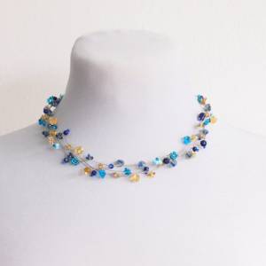 Fünf-reihiges duftig leichtes Collier aus Glas Blüten und Perlen in blau türkis und honig Farbtönen mit 925 Silber Bild 1