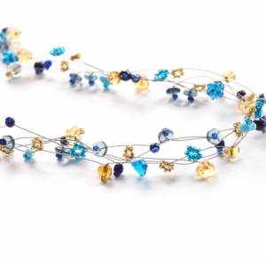 Fünf-reihiges duftig leichtes Collier aus Glas Blüten und Perlen in blau türkis und honig Farbtönen mit 925 Silber Bild 4
