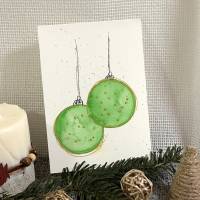 Schöne Weihnachtskarte mit Weihnachtskugeln Grün/ Gold - handgemalte Karte (A6) mit hochwertigen Aquarellfarben Bild 1