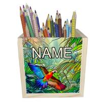 Papagei Holz Stiftebox personalisiert z. B. mit Name und Schriftartwahl | 10x10x10cm | Stiftehalter Bild 1