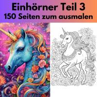 Teil 3 Einhörner 150 Seiten Malbuch Erwachsene Kinder PDF Sofort Download Malbuch Bild 1