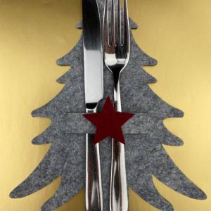 Bestecktasche Weihnachten, Tannenbaum, Stern bordeauxrot, Filz,  Besteckhalter, Tischdeko. 1 Bestecktasche ist im Liefer Bild 4