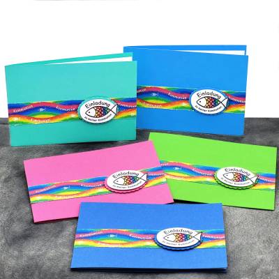 Individuelle Einladungskarte Regenbogen Fisch zur Kommunion, Taufe, Konfirmation & Firmung