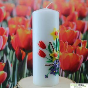 Frühlingskerze Frühlingsstrauß wundervolle Frühlingskerze mit Tulpen, Narzissen, Krokussen und Weidekätzchen Bild 4