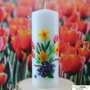 Frühlingskerze Frühlingsstrauß wundervolle Frühlingskerze mit Tulpen, Narzissen, Krokussen und Weidekätzchen Bild 5